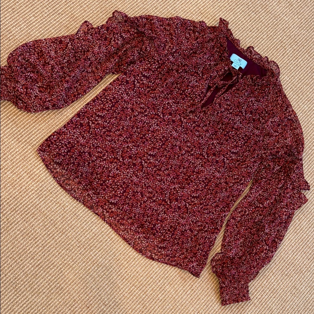 Cece Feminine Burgundy Blouse w/ Ruffled Long Sleeves